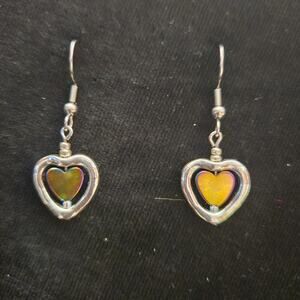 Antique silver heart frame with rainbow hematite dangle earrings
